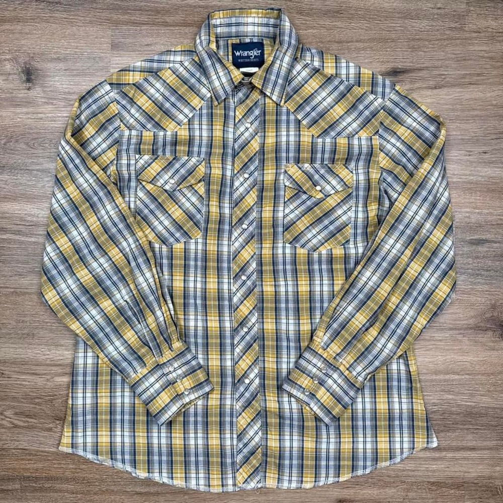 vintage yellow plaid wrangler pearl snap western button up shirt